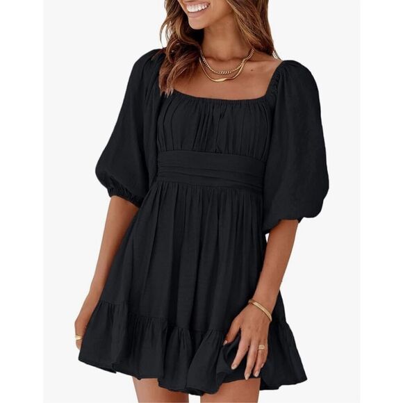 NEW Square Neck Tie Back Lantern Sleeve Ruffle A-Line Dress M - Picture 1 of 6